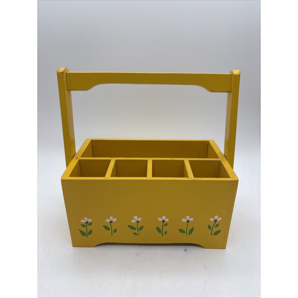 1980s Utensil Flatware Caddy Yellow With Hand Painted Flowers • Teleflora 1984